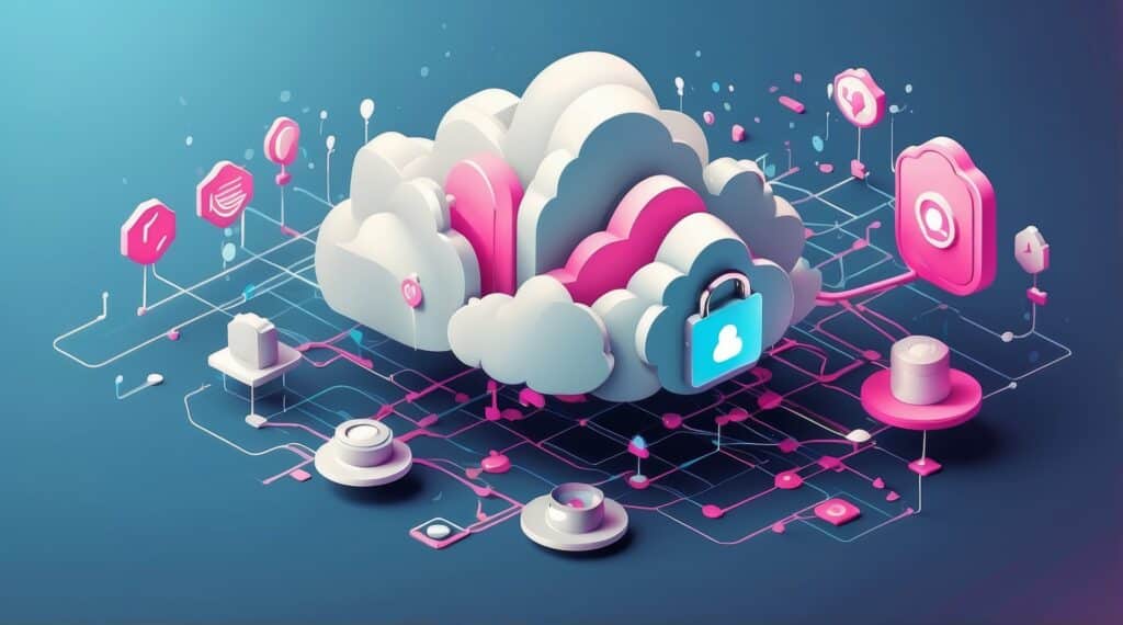 Isometric vector illustration of a secure cloud network with stylized data platforms and padlock symbols